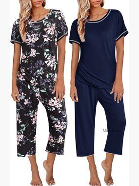 2 Pc Pajama Sets Short Sleeve Capri Pants Sleepwear Set 2-Pack